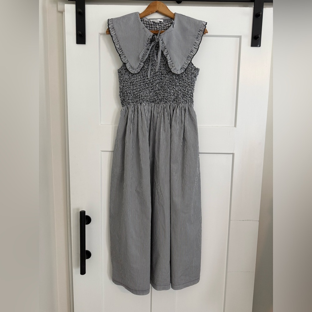 Savannah Taylor Rebecca Cotton Striped Midi Dress with Ruffled Collar EUC G000 - Picture 1 of 10